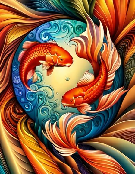Rainbow Koi Yin Yang in Fractal Style