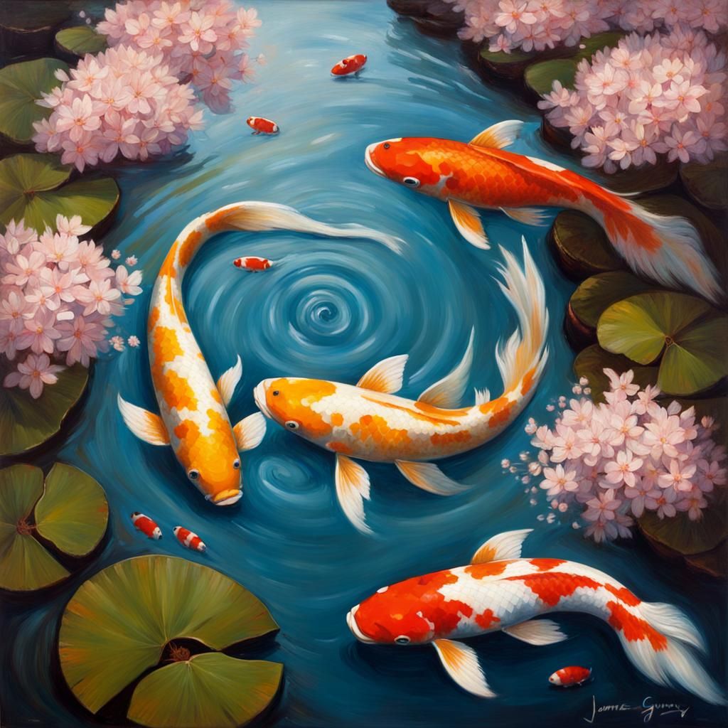 Koi Fish and Cherry Blossoms in Vintage Oil