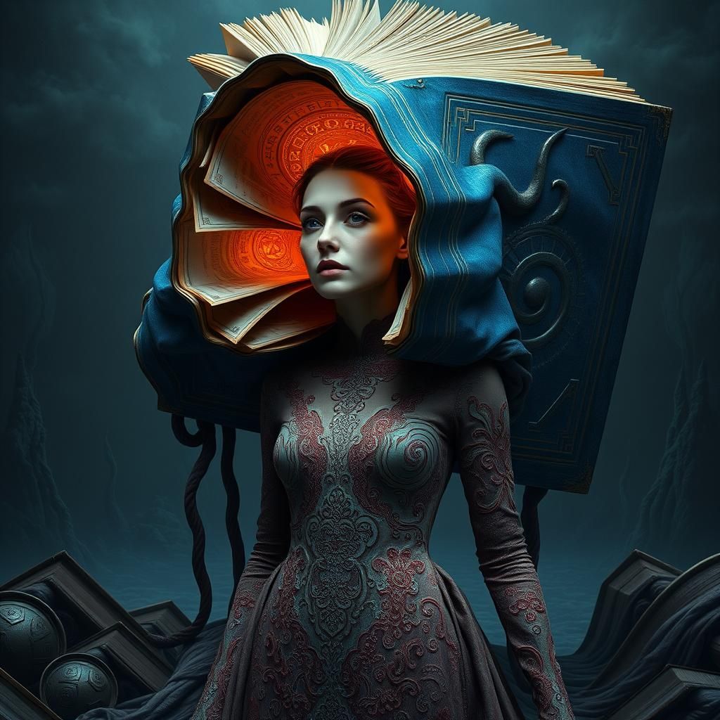 Surreal Unraveling Woman with Enveloping Book