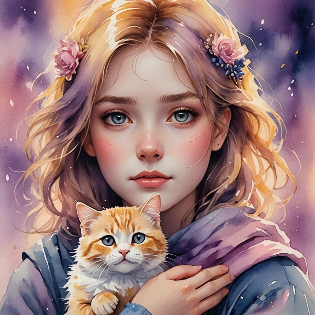 Whimsical Watercolor Portrait of Girl with Cat