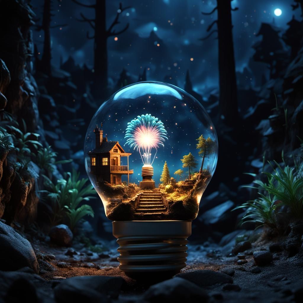 Photorealistic Fireworks Over Sunken City in Lightbulb