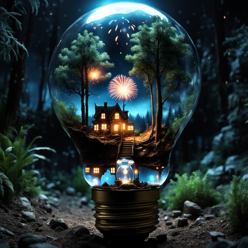 Photorealistic Fireworks Inside a Lightbulb