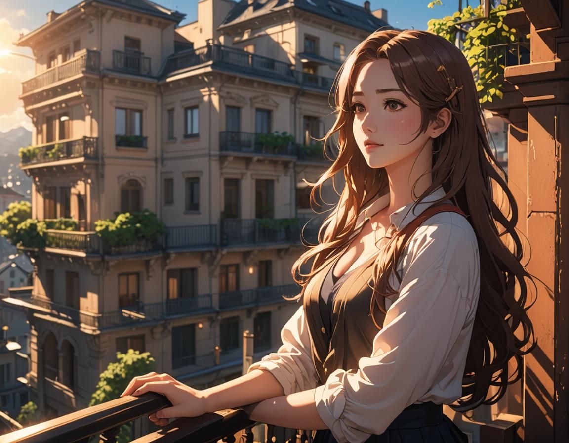 Anime Woman on Balcony in Sunlight