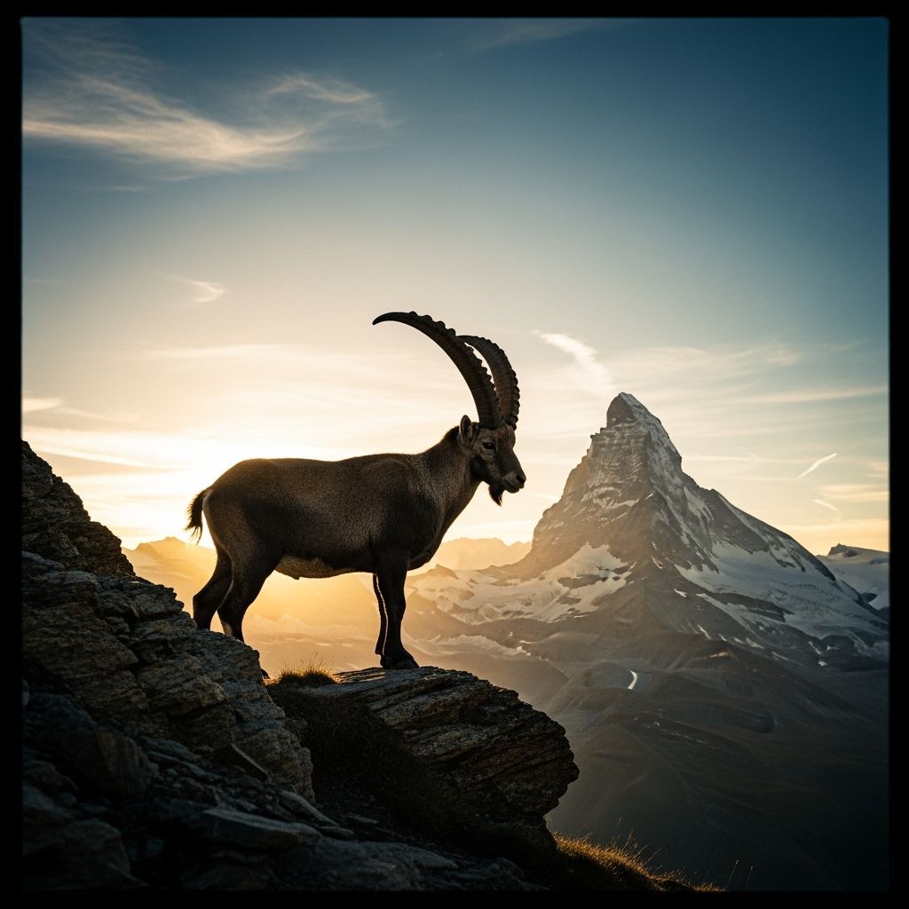 Majestic Ibex on Alpine Slope with Matterhorn at Sunset