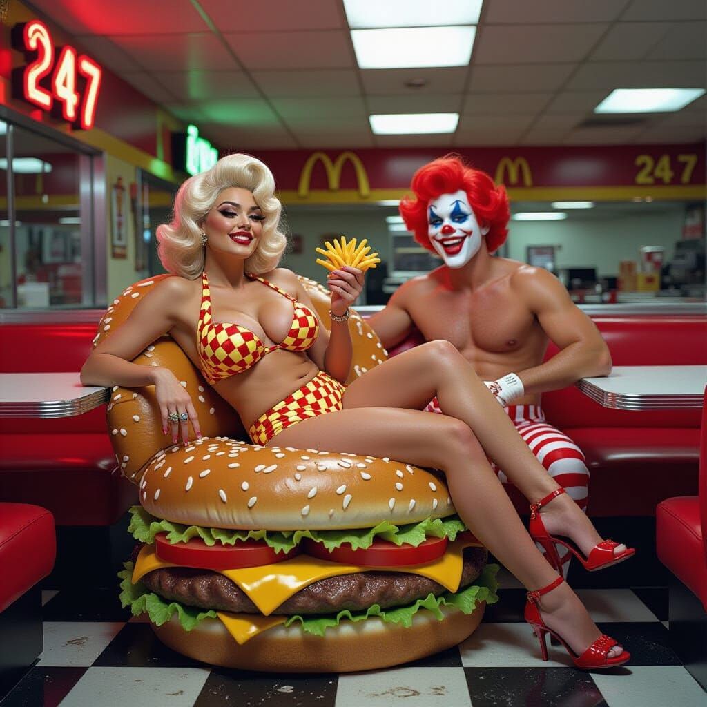 Surreal photo of a voluptuous woman, in a fast-food wrapper bikini (McDonald’s logo strategically placed), sprawled on a...