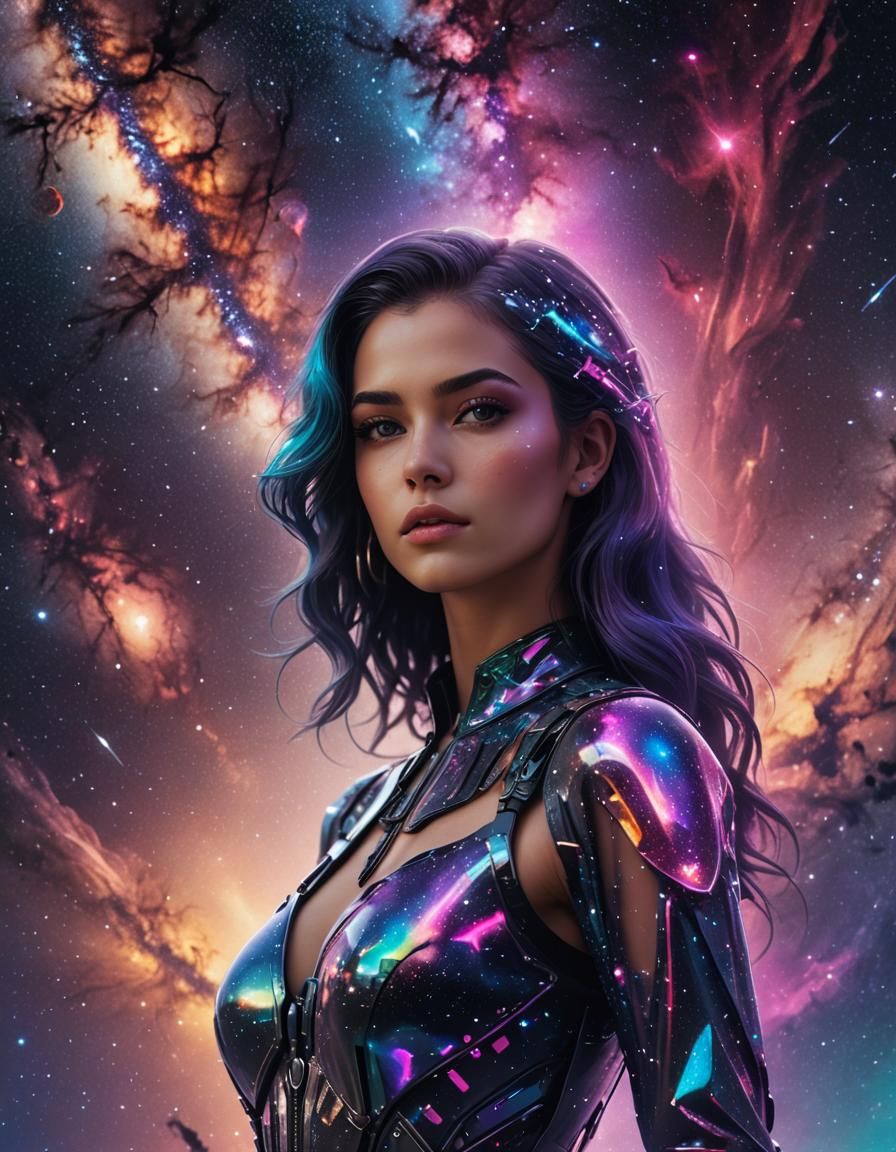 Holographic Woman in Neon Punk Style with Milky Way