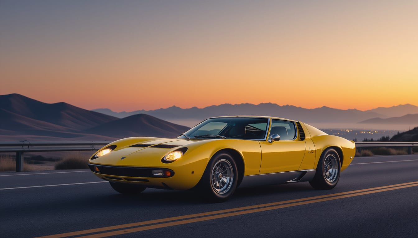 Yellow Lamborghini Miura on Deserted Highway at Dusk