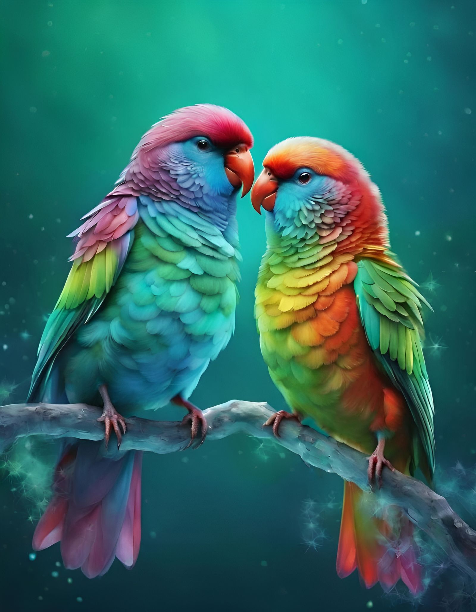 Rainbow Lovebirds in Glassy Turquoise Setting