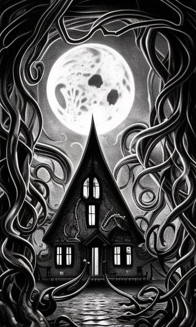 dark house with octopus tentacles coming out of windows and door, cthulhu poster, terrifying monster trees, tentacles ho...