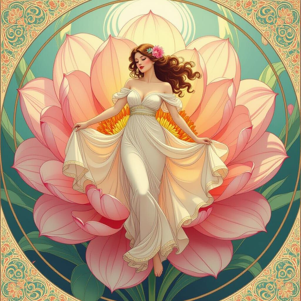 Ethereal Woman Blooms from Flower in Art Nouveau Style