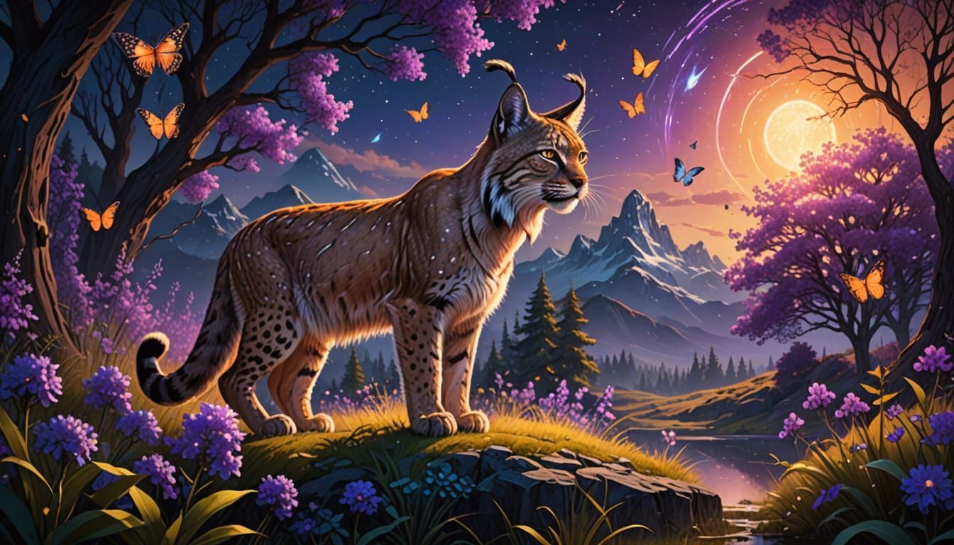 Surreal Eurasian Lynx Landscape in Vibrant, Iridescent Hues