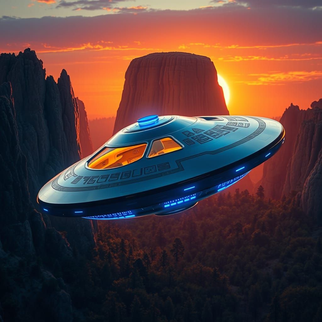 Sleek UFO in Sunset-Lit Devils Tower Landscape