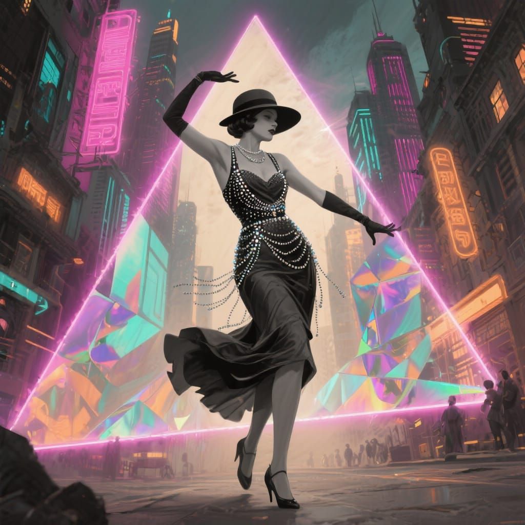 Flapper Dancing Through Cyberpunk Rift in Digital Painting