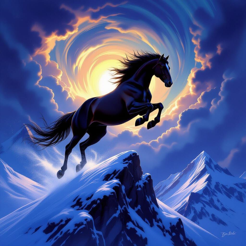 Epic Horse Leaping Over Snowy Mountain Peak