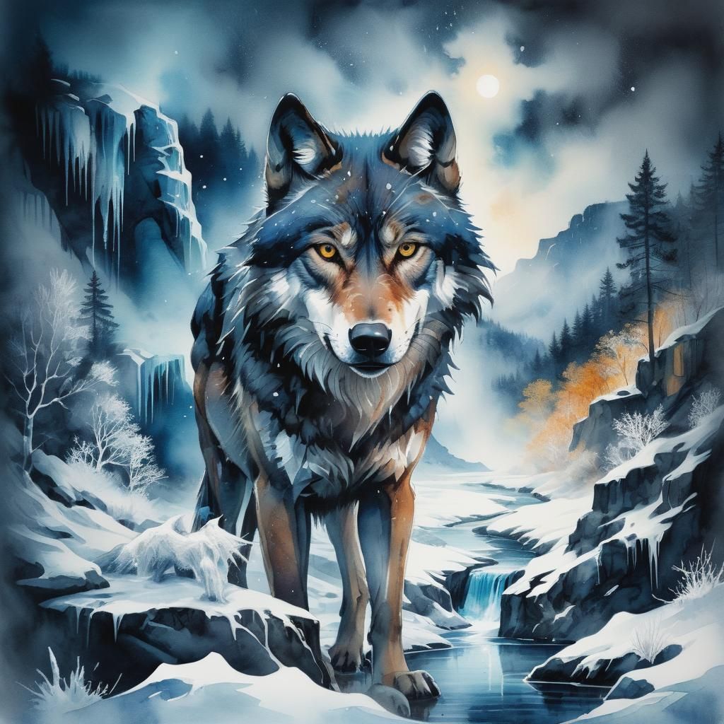 Wolf in Winter Landscape: Double Exposure Illustration
