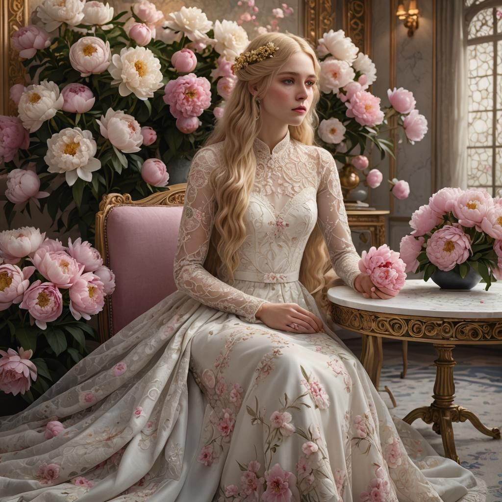 Girl with Peonies in Art Nouveau Style