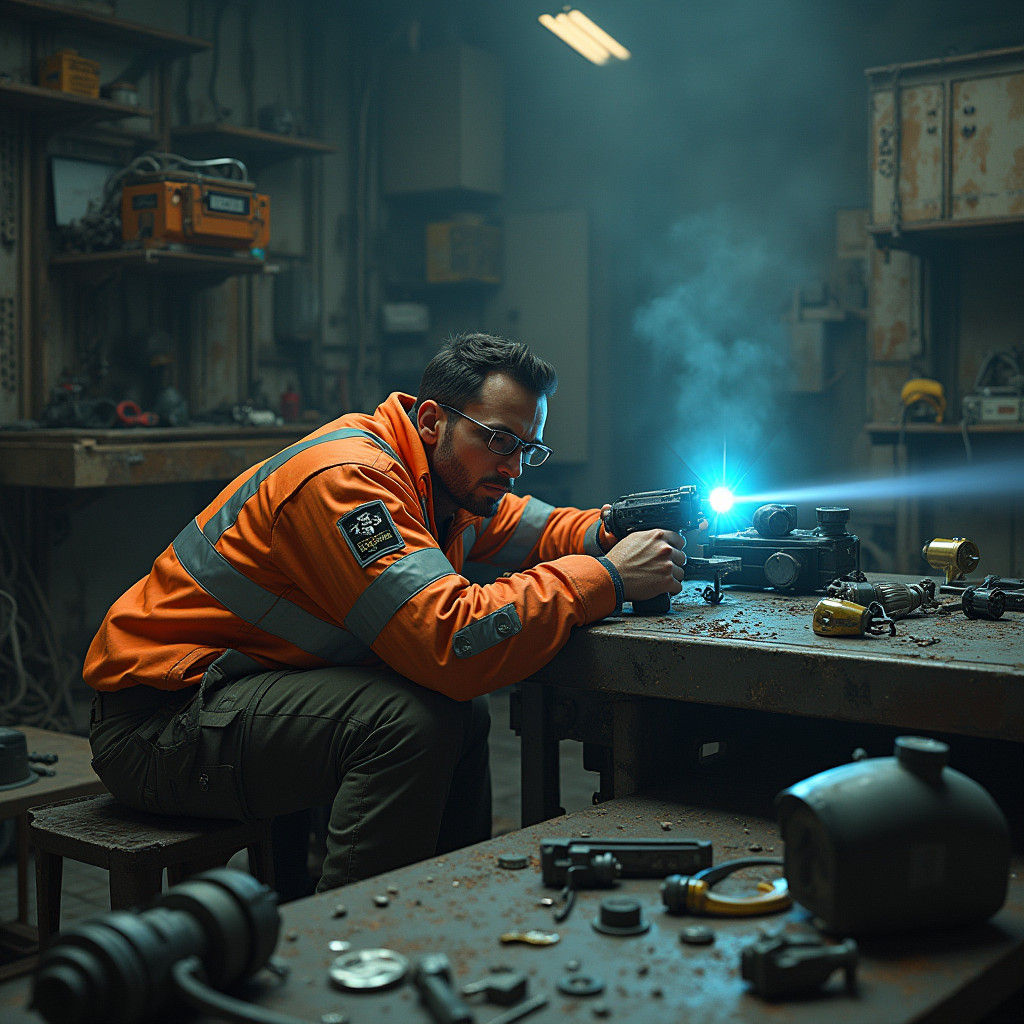 Futuristic Factory Worker with Laser, Syd Mead Style