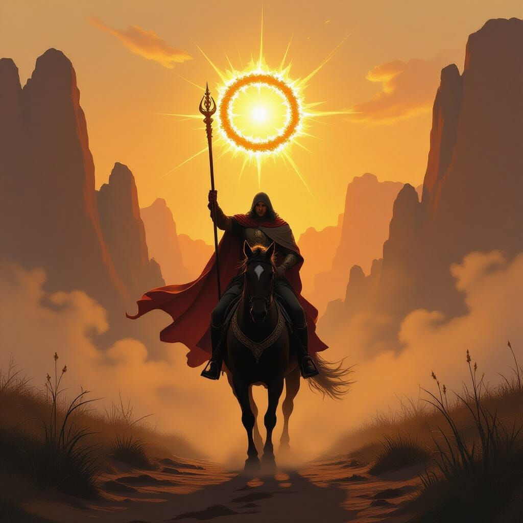 Lone Rider Victorious at Dawn in Ethereal Mist