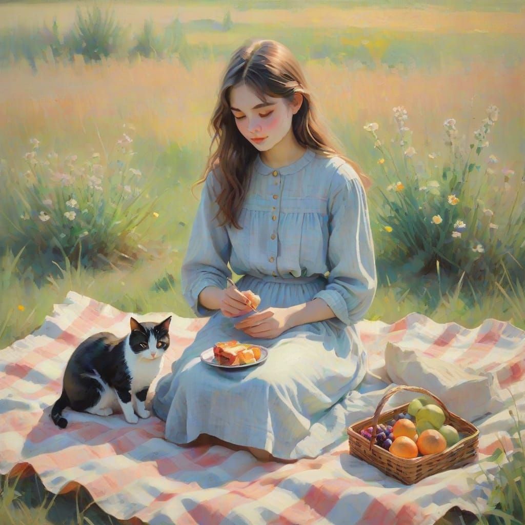 Girl and Cat on Picnic Blanket as Impressionist Painting