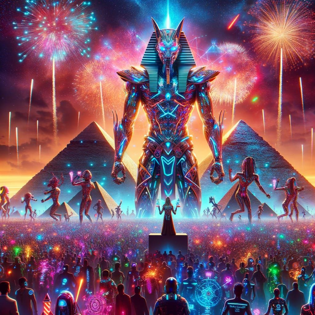 Cyberpunk Rave Party at the Giza Pyramids