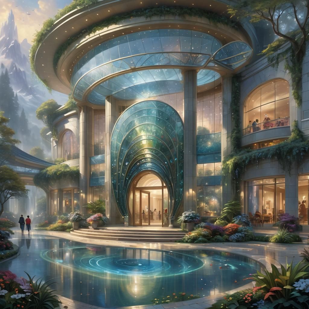 Elliptical Building with Peacock Entrance in Ethereal Style