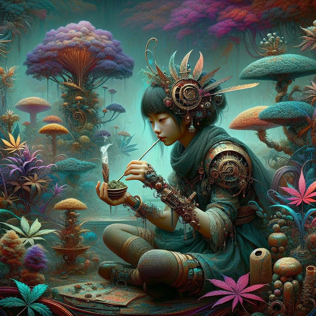 Steampunk Girl Smoking in Dreamlike Forest, Matte Painting