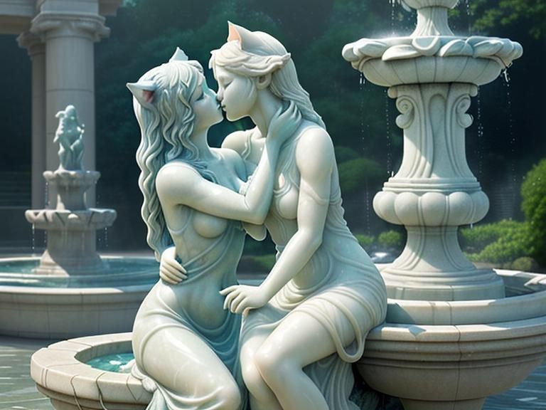 Marble Statue: Cat Girl's Loving Embrace