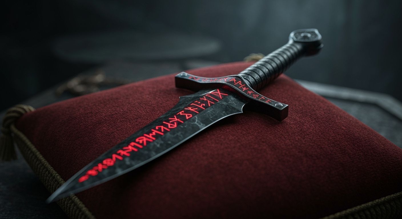 Dark Obsidian Dagger with Crimson Runes on Velvet
