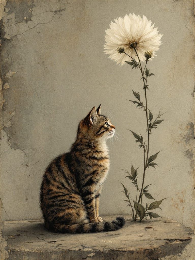Cat Amidst Flowers in Botanical Illustration Style