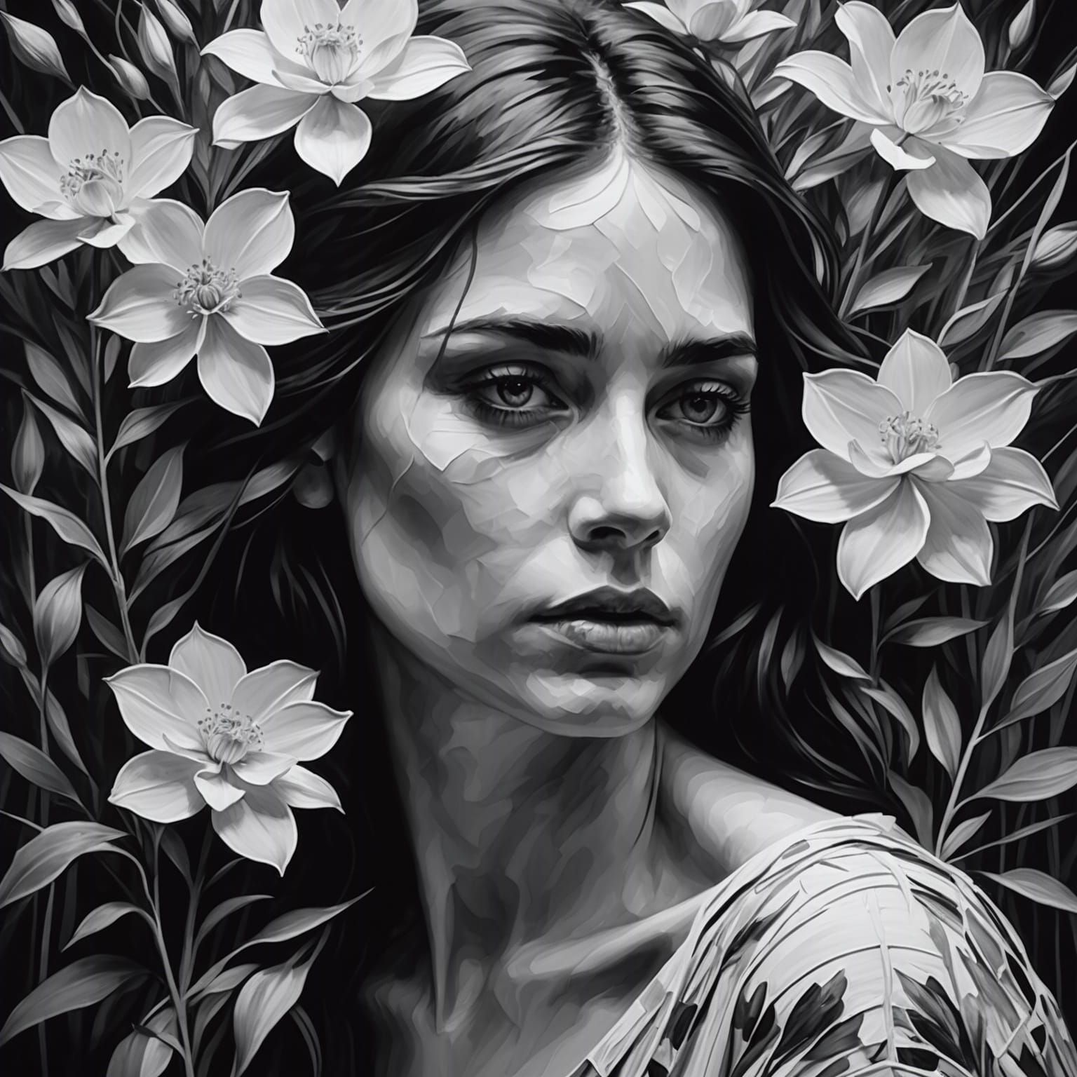 Monochrome Floral Woman Portrait in Black and White