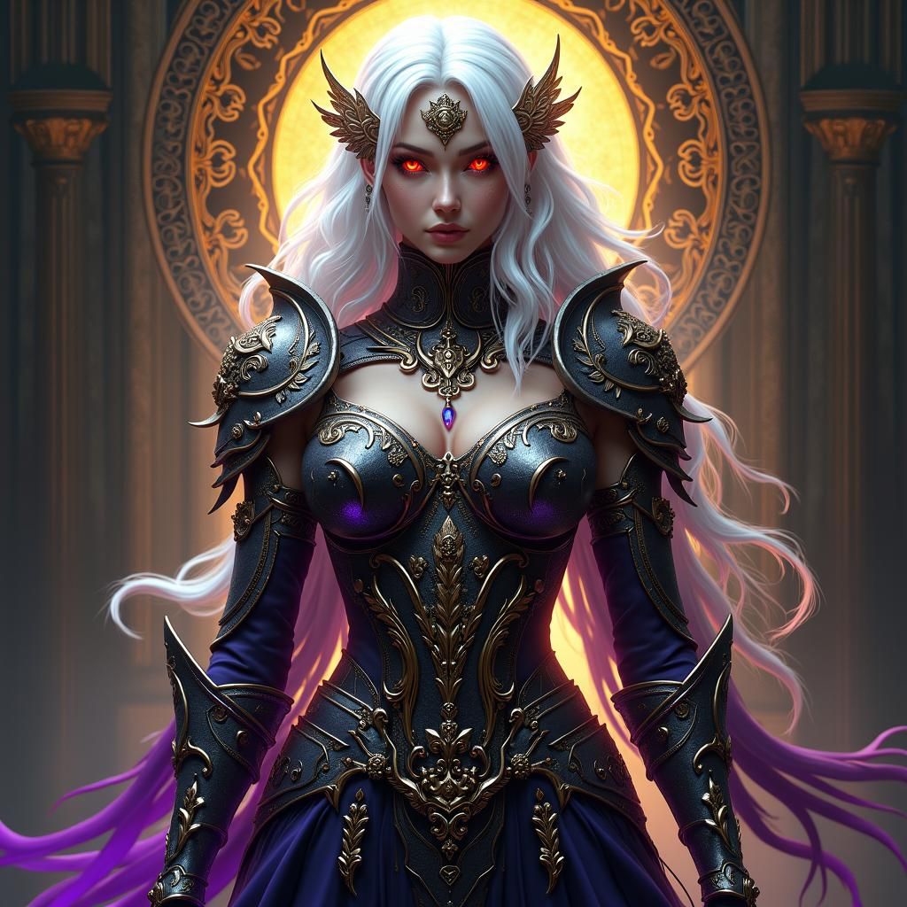 Dhampir Woman in Ornate Iron Armor, 8K Dark Fantasy