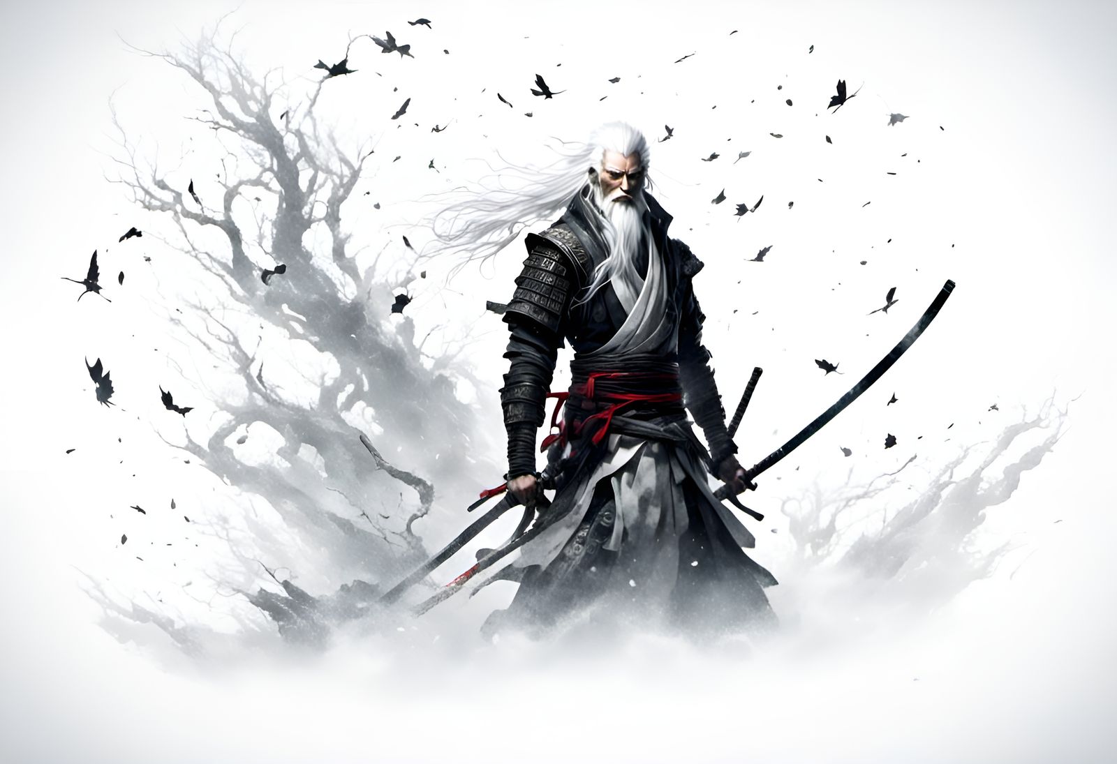 Flowing white hair anime samurai yōkai, all-white snowscape, fog and fireflies, dynamic lighting, volumetric lighting, c...