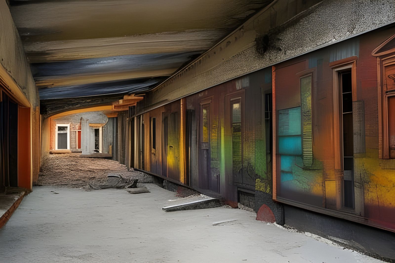 Decaying Interior View with Deep Shadows and Perspective