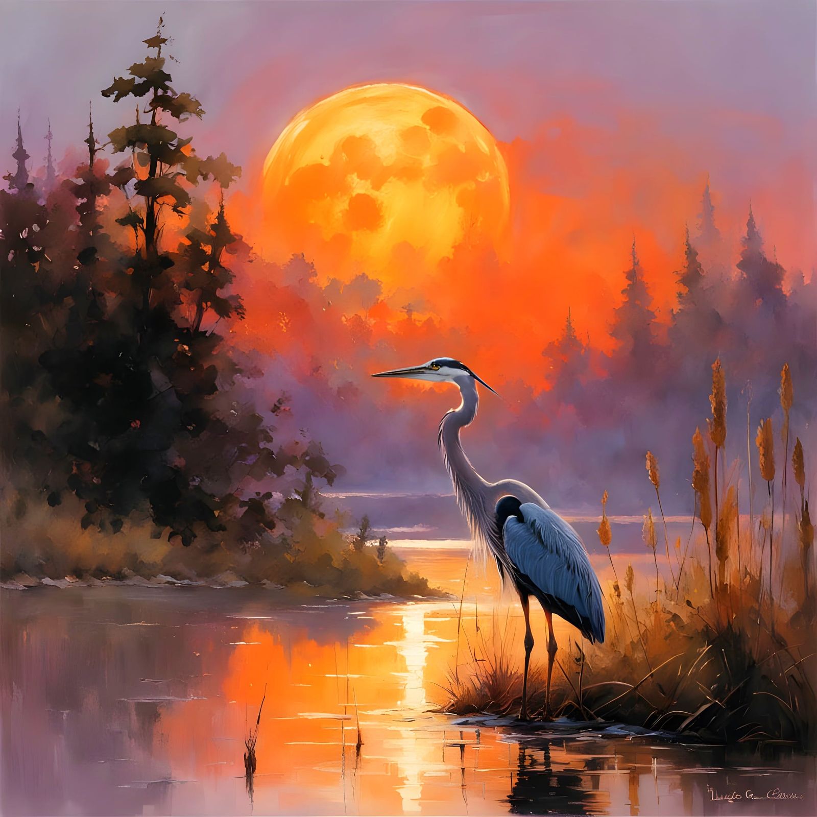 Blue Heron in Painterly Twilight Landscape
