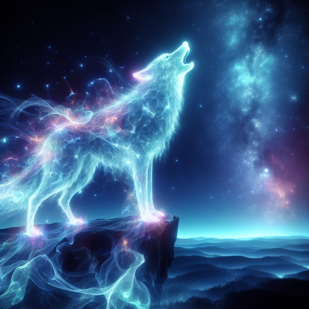 Ethereal Neon Wolf Howling Under Astral Sky