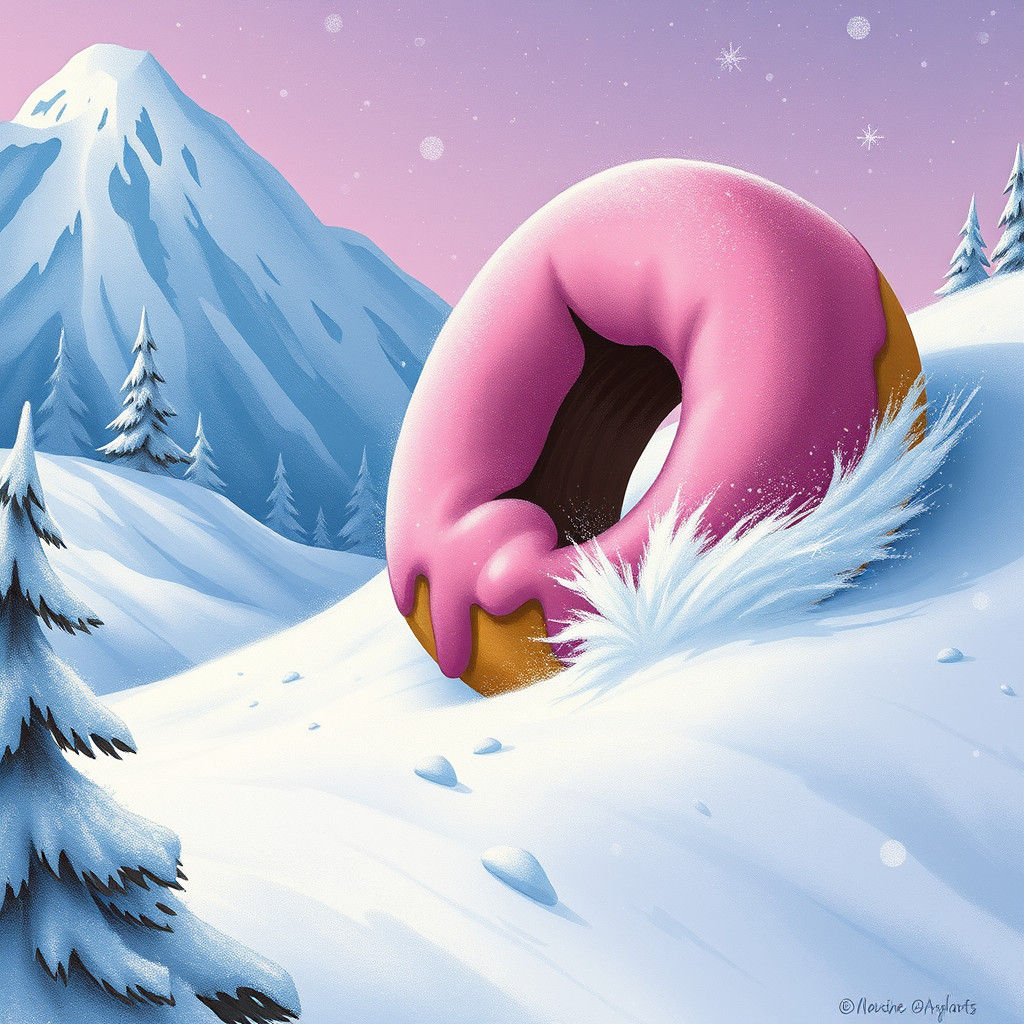 Giant Donut Tumbling Down Snowy Mountain