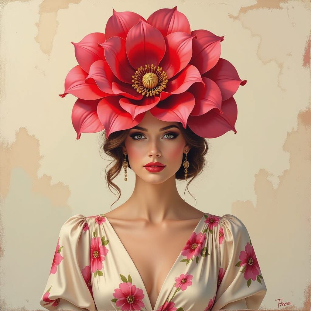 Woman with Flower in Encaustic Painting Style