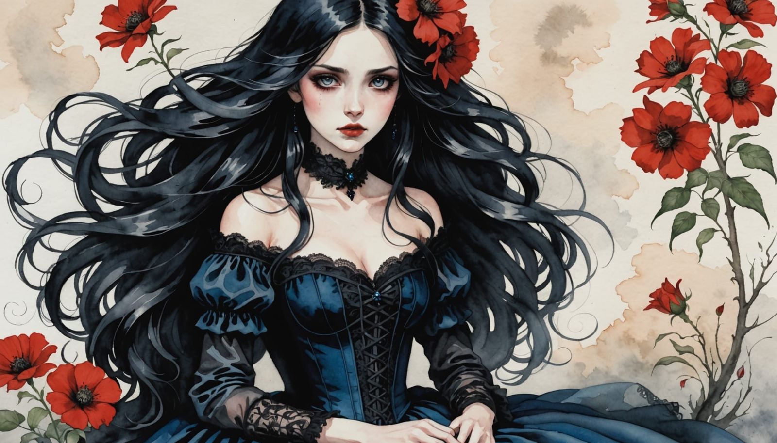 Goth Woman with Red Flower in Watercolor Painting