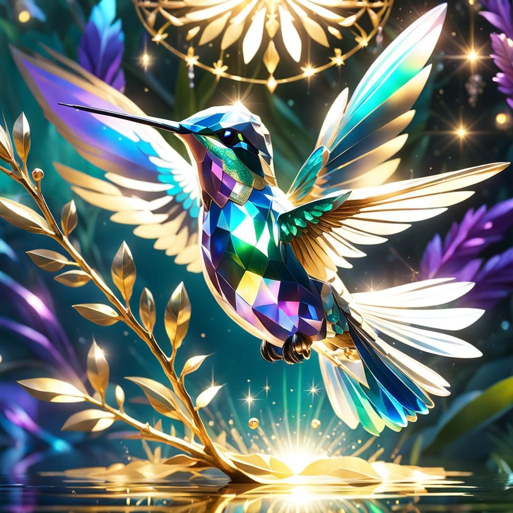 Iridescent Crystal Hummingbird on Branch: Fantasy Art