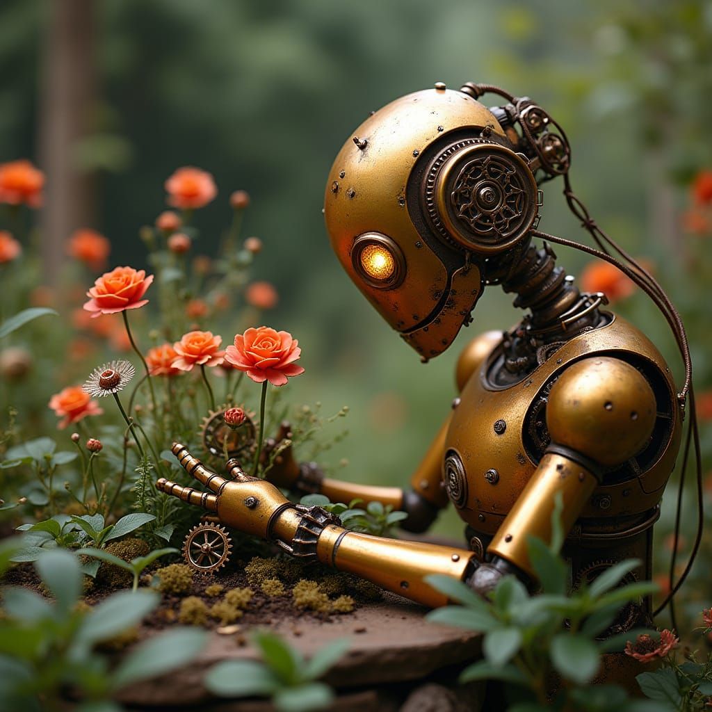 Steampunk Robot's Clockwork Garden: Whimsical Automation
