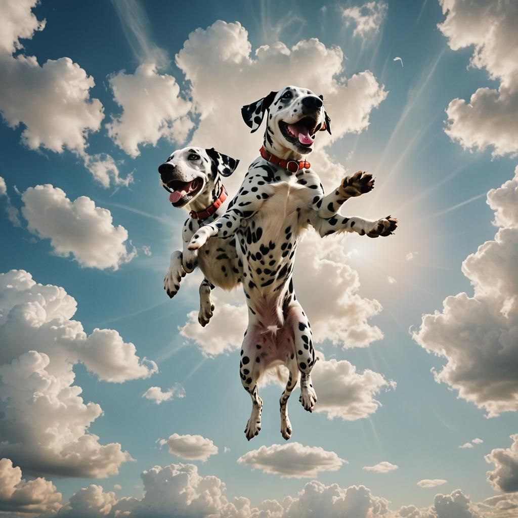 Dalmatians Fly Through a Watercolor Sky