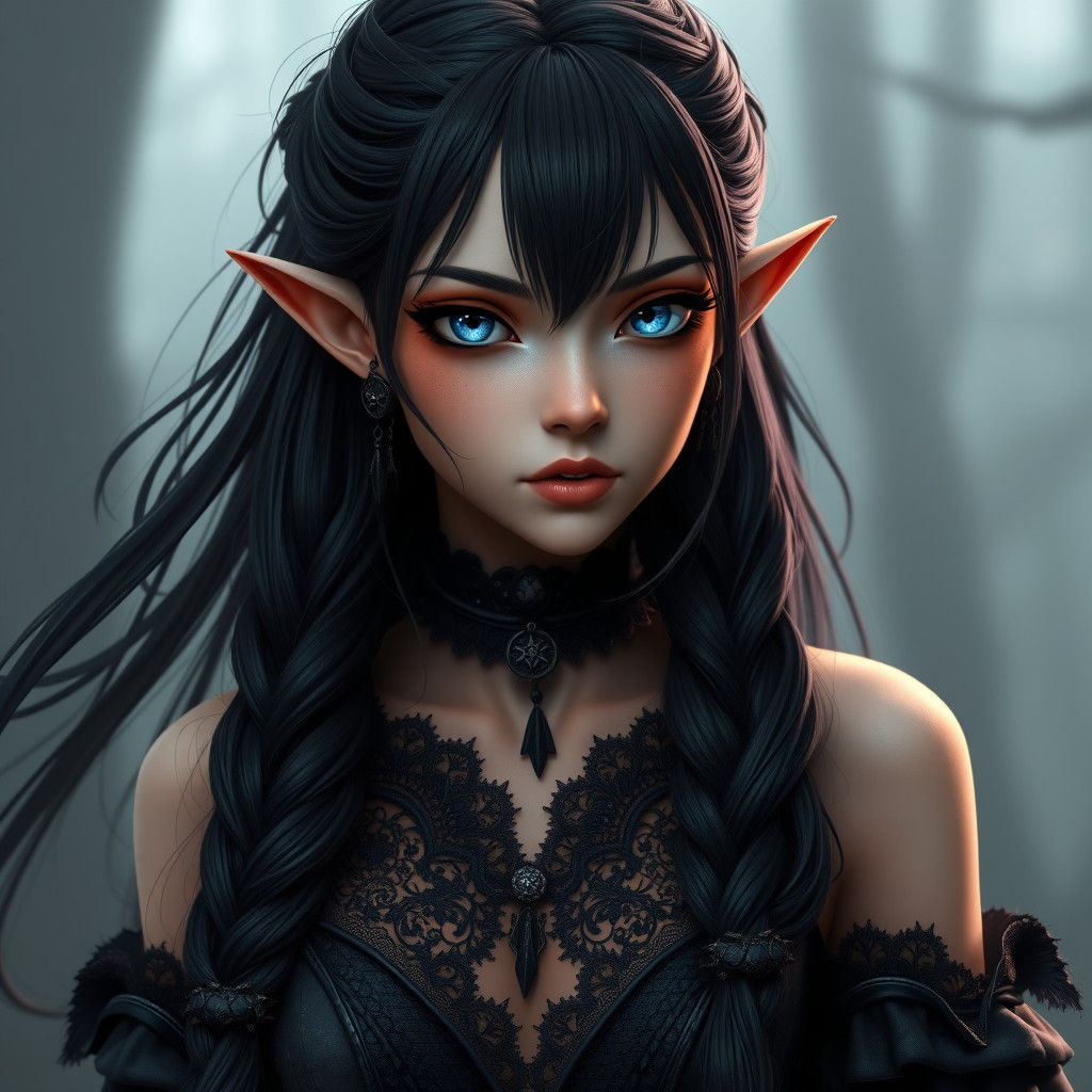 Gothic Elf Maiden with Raven Hair in 3D Anime Art
