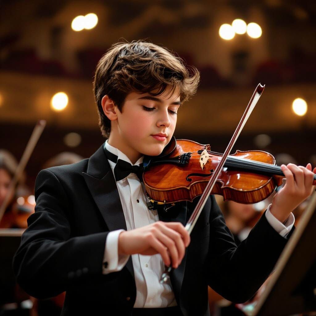 Young Virtuoso Plays Violin in Ornate Concert Hall