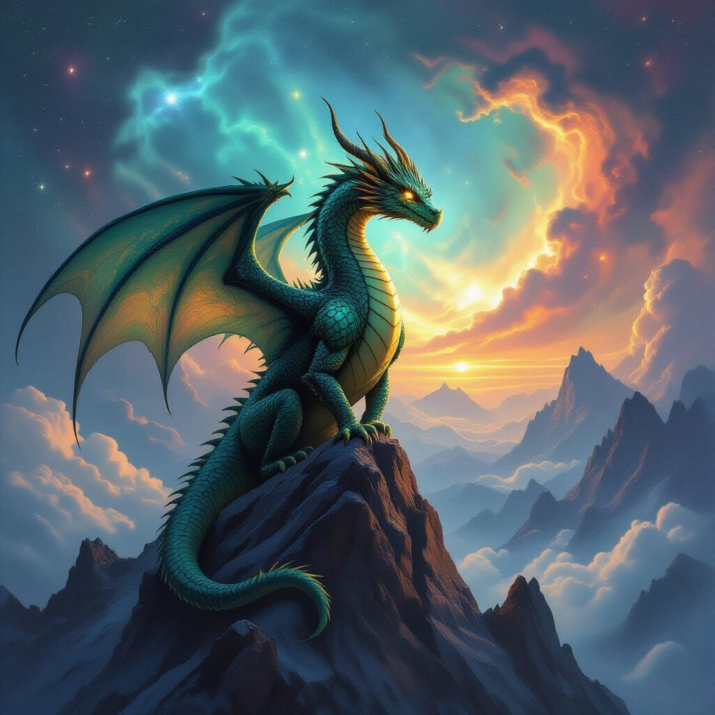 Majestic Dragon on Mountain Peak Under Cosmic Nebula