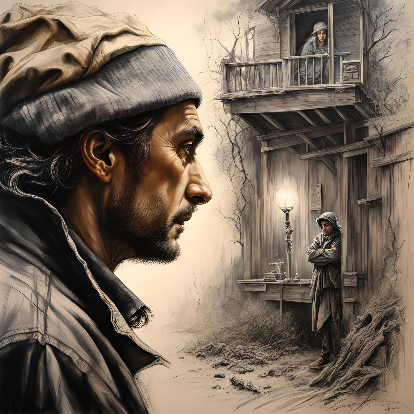 Lonely Man's Shadow: Hyperrealistic Charcoal Drawing