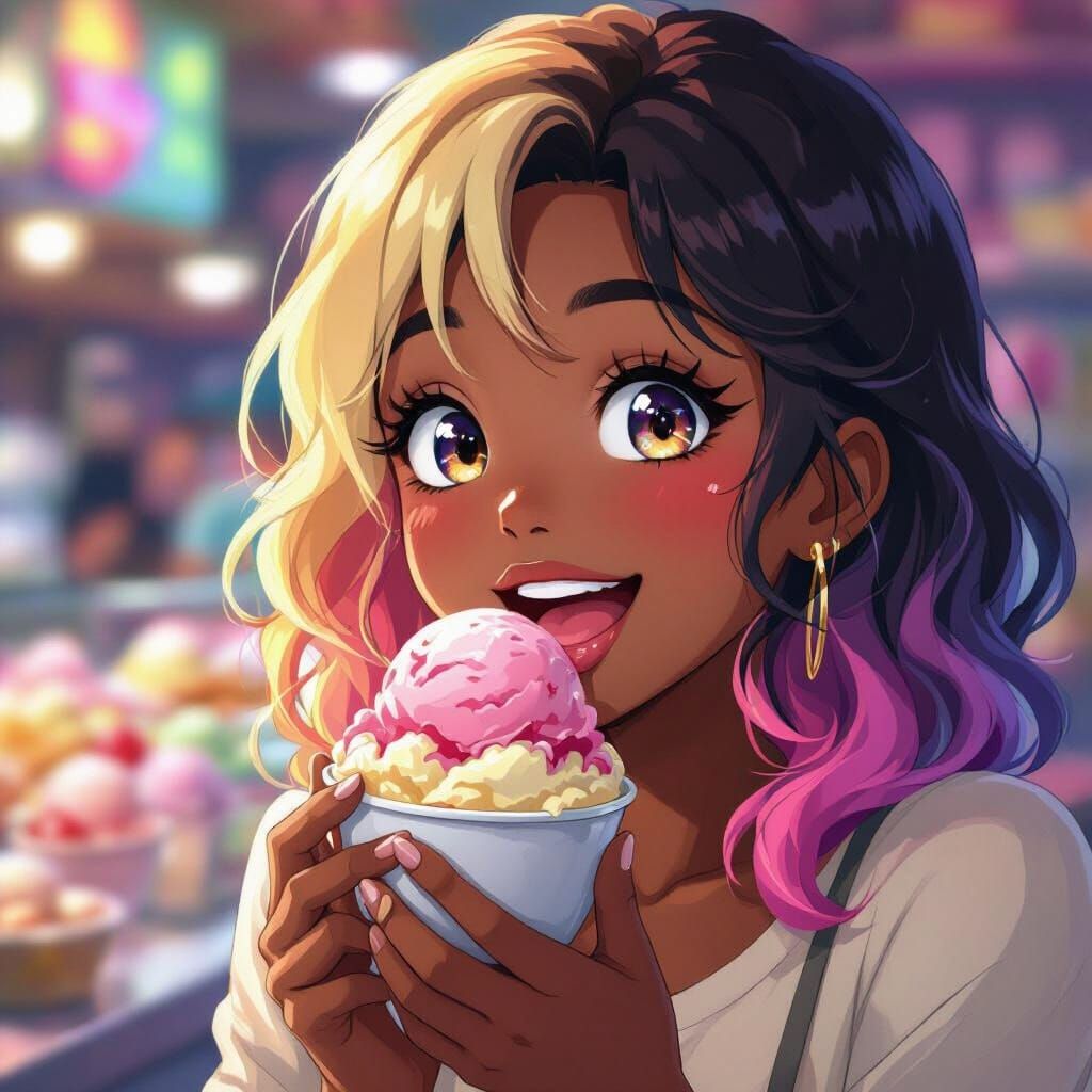 Anime Portrait: Woman Enjoying Ice Cream in Neon Shop