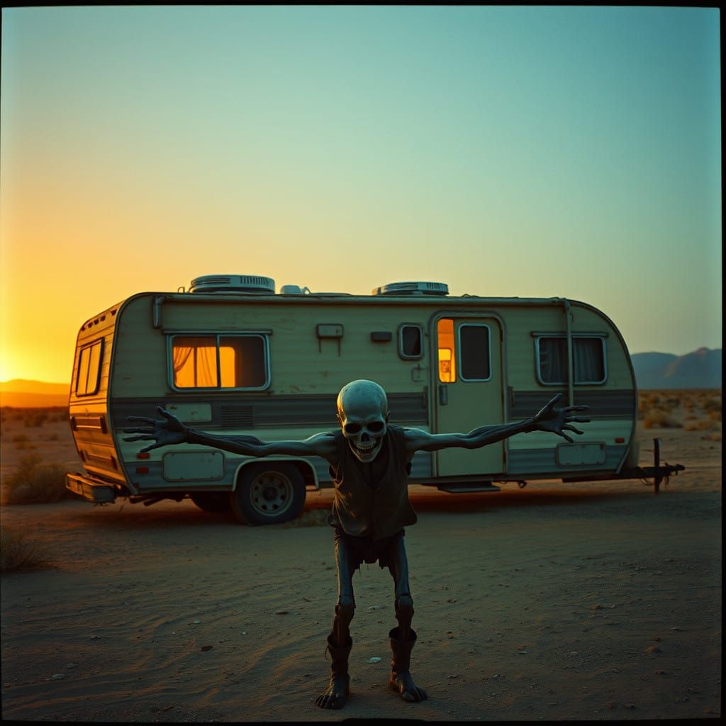 Abandoned Post-Apocalyptic Caravan in Desolate Landscape