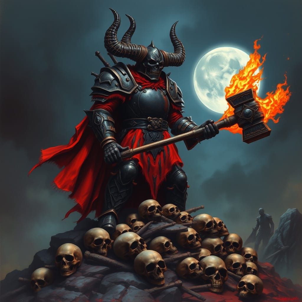 Dark Fantasy Warrior in Blood-Red Armor with Horned Helmet