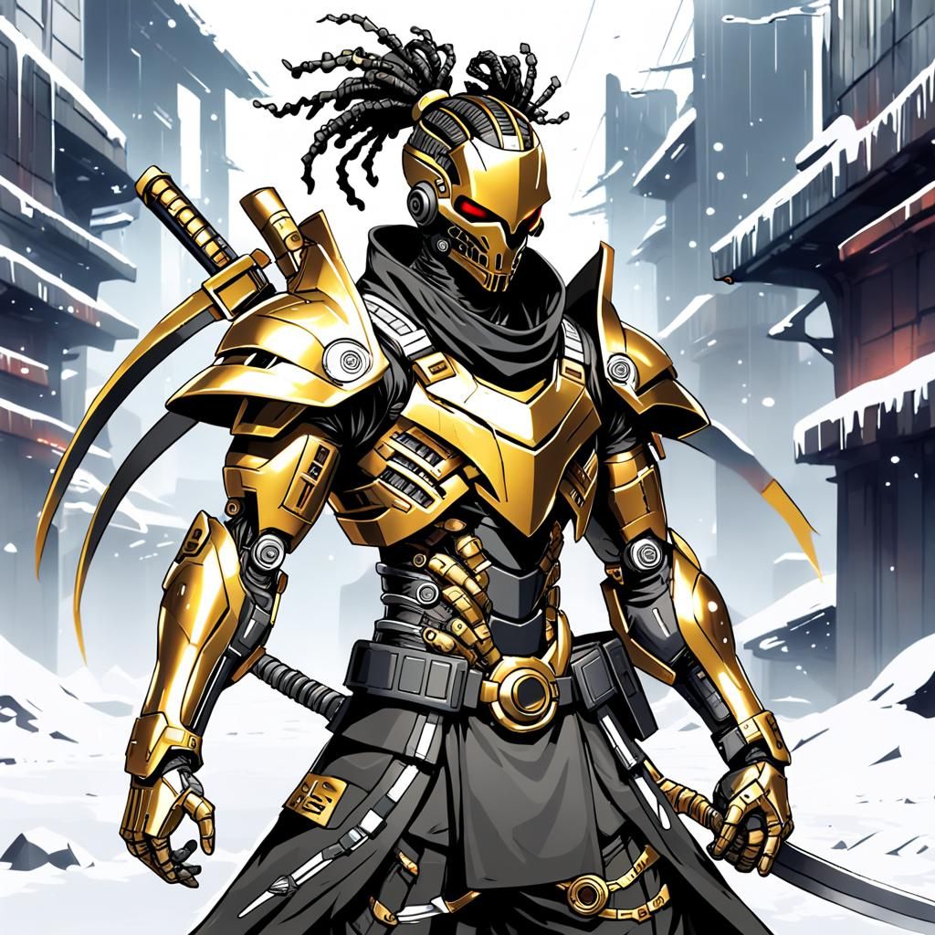 Futuristic Cyberpunk Soldier with Scythe Overlooking City