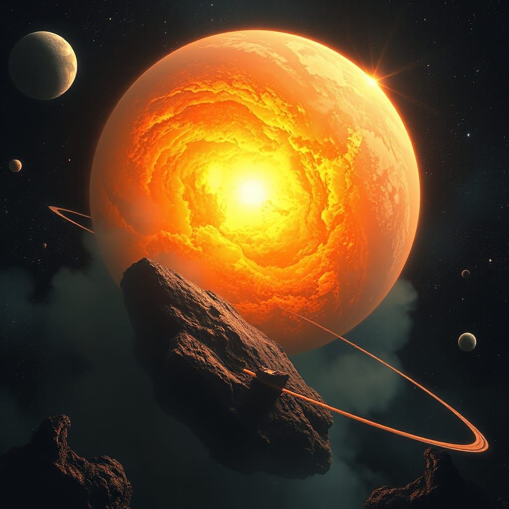 Gas Giant Consuming Planet in Retrofuturistic Style